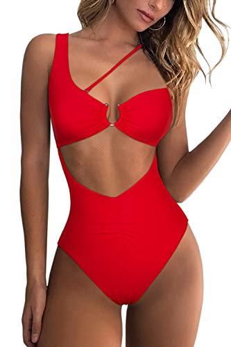 QINSEN Damen Einteiliger Monokini, einteiliger Badeanzug mit Schulterausschnitt und gerüschtem Rücken - Rot - Medium von QINSEN