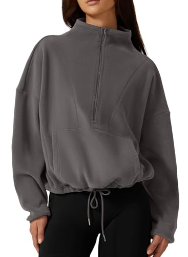 QINSEN Damen-Fleece-Sweatshirt mit halbem Reißverschluss, Stehkragen, langärmelig, Winter, gemütlich, Sherpa-Pullover, Pullover Tops, grau dunkel, L von QINSEN