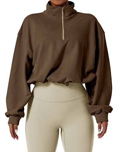 QINSEN Damen Half Zip Crop Sweatshirt High Neck Langarm Pullover Athletic Cropped Tops, Kamelbraun, S von QINSEN