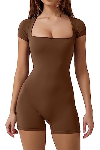 QINSEN Damen Kurzarm Bodycon Strampler Dehnbar Square Neck Sexy Unitard Jumpsuit, Braun, Klein von QINSEN