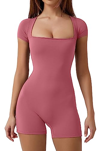 QINSEN Damen Kurzarm Bodycon Strampler Dehnbar Square Neck Sexy Unitard Jumpsuit, Pink Flambe, M von QINSEN