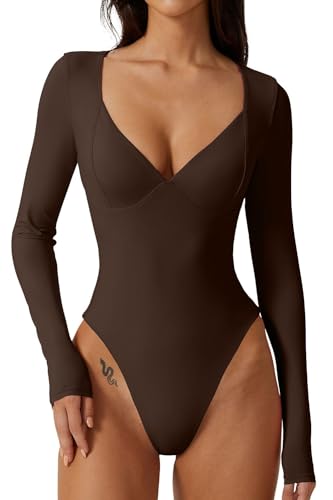 QINSEN Damen Langarm Bodysuit V-Ausschnitt Body Suits Seamed Cup Going Out Tops Shirt, Kaffeebohne, L von QINSEN