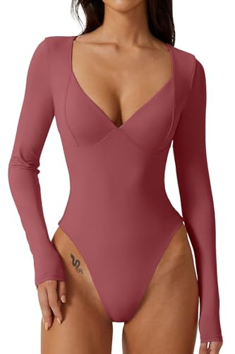 QINSEN Damen Langarm Bodysuit V-Ausschnitt Body Suits Seamed Cup Going Out Tops Shirt, Merlot, L von QINSEN