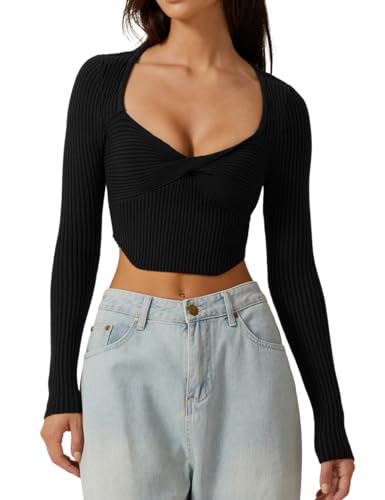 QINSEN Damen Langarm Crop Top Pullover Gemütlich Rippstrick Ausgehen Pullover T-Shirts, Schwarz, X-Klein von QINSEN