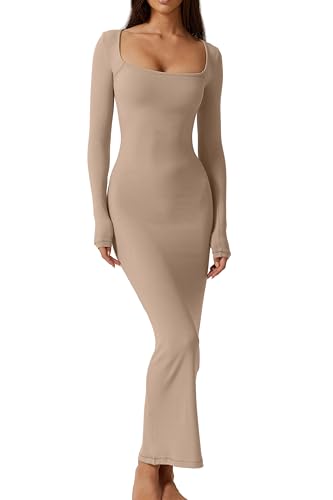 QINSEN Damen Langes Maxikleid Quadratischer Ausschnitt Langarm Gerippt Bodycon Lounge Kleider, Light Taupe, Mittel von QINSEN