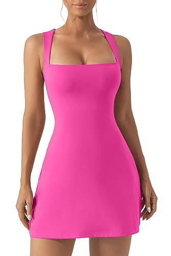 QINSEN Damen Miederkleid mit quadratischem Ausschnitt, ärmellos, Tank-Top, Stretch, ausgestellte Minikleider, Rosa (Azalea Pink), Groß von QINSEN