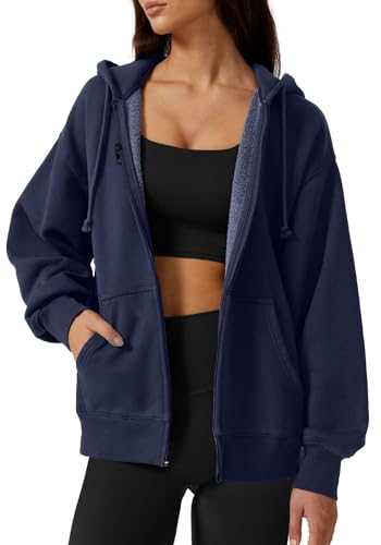 QINSEN Damen Relaxed Zip Up Hoodie Herbst Oversized Sweatshirt Cozy Fleece Jacke mit Tasche, Blau (Estate Blue), S von QINSEN