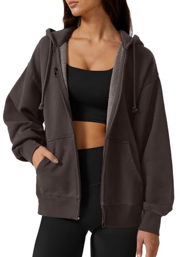 QINSEN Damen Relaxed Zip Up Hoodie Herbst Oversized Sweatshirt Cozy Fleece Jacke mit Tasche, grau dunkel, S von QINSEN