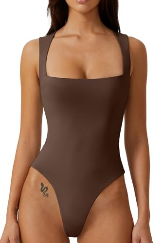 QINSEN Damen Sexy Body mit quadratischem Ausschnitt, ärmellos, doppelt gefüttert, Copper Brown, M von QINSEN