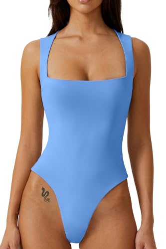 QINSEN Damen Sexy Body mit quadratischem Ausschnitt, ärmellos, doppelt gefüttert, Hell, blau, XL von QINSEN