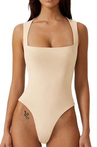 QINSEN Damen Sexy Body mit quadratischem Ausschnitt, ärmellos, doppelt gefüttert, Khaki, M von QINSEN