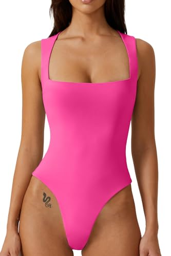 QINSEN Damen Sexy Body mit quadratischem Ausschnitt, ärmellos, doppelt gefüttert, Rosa (Azalea Pink), S von QINSEN