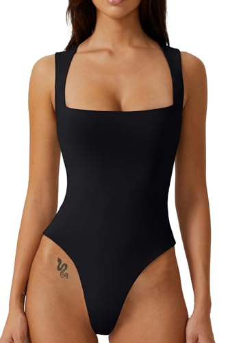 QINSEN Damen Sexy Body mit quadratischem Ausschnitt, ärmellos, doppelt gefüttert, Schwarz, XL von QINSEN