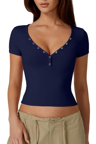 QINSEN Damen Sexy Kurzarm Henley T Shirts Doppelt Gefüttert Knopfleiste Slim Fit Crop Top Y2K Going Out Tops, Marineblau, Klein von QINSEN