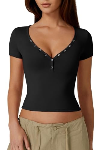 QINSEN Damen Sexy Kurzarm Henley T Shirts Doppelt Gefüttert Knopfleiste Slim Fit Crop Top Y2K Going Out Tops, Schwarz, Klein von QINSEN