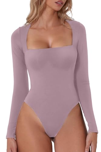 QINSEN Damen Sexy Square Neck Bodysuit Langarm Doppelshirt Tops, Fragrant Lilac, M von QINSEN