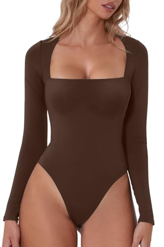 QINSEN Damen Sexy Square Neck Bodysuit Langarm Doppelt Gefüttert Shirt Tops, Kaffeebohne, M von QINSEN