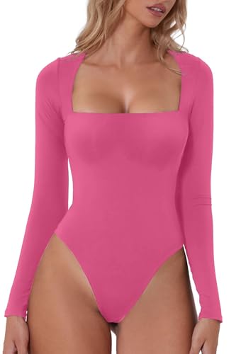 QINSEN Damen Sexy Square Neck Bodysuit Langarm Doppelt Gefüttert Shirt Tops, Magenta, M von QINSEN