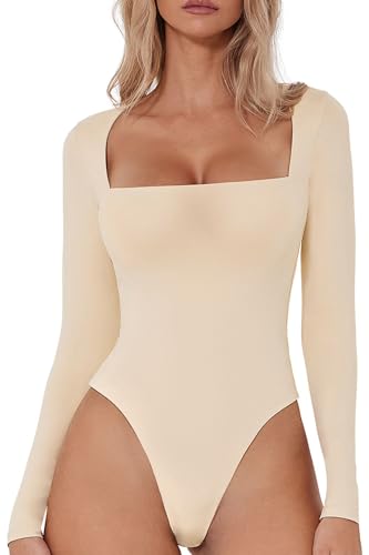 QINSEN Damen Sexy Square Neck Bodysuit Langarm Doppelt Gefüttert Shirt Tops, Marzipan, S von QINSEN