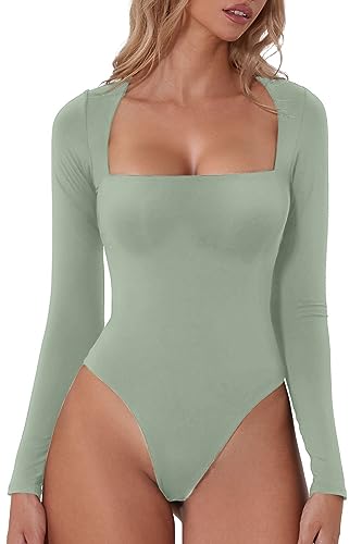 QINSEN Damen Sexy Square Neck Bodysuit Langarm Doppelt Gefüttert Shirt Tops, Rauchgrün, S von QINSEN