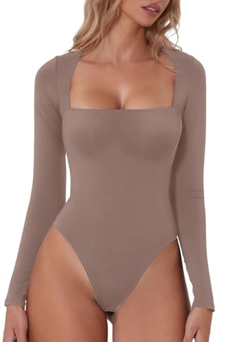 QINSEN Sexy Damen-Body mit quadratischem Ausschnitt, langärmelig, doppelt gefüttert, Shirt, Rose Taupe, S von QINSEN