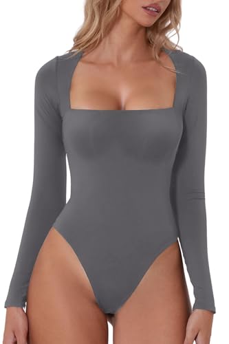 QINSEN Damen Sexy Square Neck Bodysuit Langarm Doppelt Gefüttert Shirt Tops, grau dunkel, L von QINSEN