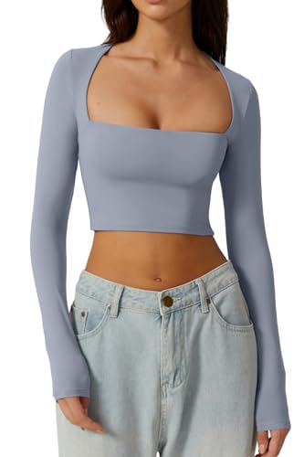 QINSEN Damen Sexy Square Neck Crop Top Langarm Slim Fit Cropped T-Shirts, Country, Blau, Klein von QINSEN