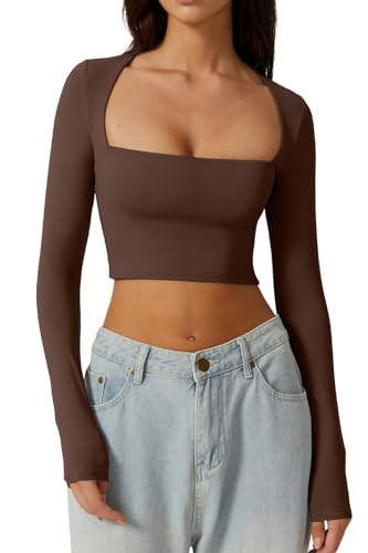 QINSEN Damen Sexy Square Neck Crop Top Langarm Slim Fit Cropped T-Shirts, Kaffeebohne, Klein von QINSEN