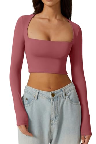 QINSEN Damen Sexy Square Neck Crop Top Langarm Slim Fit Cropped T-Shirts, Merlot, Mittel von QINSEN