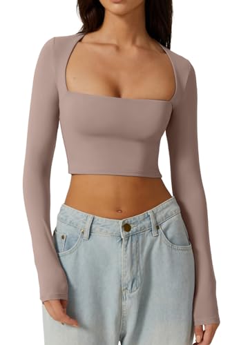 QINSEN Damen Sexy Square Neck Crop Top Langarm Slim Fit Cropped T-Shirts, Rose Taupe, X-Klein von QINSEN