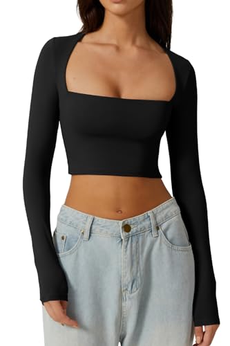 QINSEN Damen Sexy Square Neck Crop Top Langarm Slim Fit Cropped T-Shirts, Schwarz, X-Klein von QINSEN