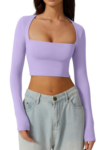 QINSEN Damen Sexy Square Neck Crop Top Langarm Slim Fit Cropped T-Shirts, Violett, X-Groß von QINSEN