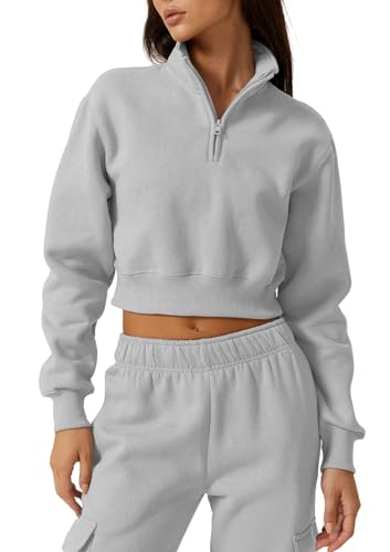 QINSEN Damen-Sweatshirt mit halbem Reißverschluss, hoher Kragen, langärmelig, bauchfreies Oberteil, GRAU, M von QINSEN