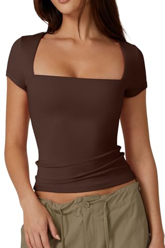 QINSEN Damen-T-Shirt, quadratischer Ausschnitt, kurzärmelig, doppelt gefüttert, Basic-T-Shirt, schmale Passform, Kaffeebohne, Groß von QINSEN