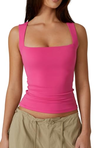 QINSEN Damen-Tank-Top, quadratischer Ausschnitt, ärmellos, doppellagig, enganliegend, Magenta, Mittel von QINSEN