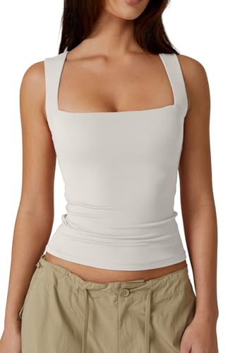 QINSEN Damen-Tank-Top, quadratischer Ausschnitt, ärmellos, doppellagig, enganliegend, Splashed White, Groß von QINSEN