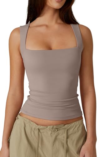 QINSEN Damen-Tank-Top, quadratischer Ausschnitt, ärmellos, doppellagig, enganliegend, Taupe Grau, Klein von QINSEN