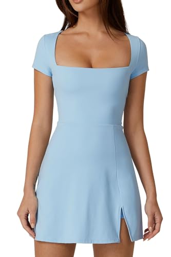 QINSEN Damen-Tenniskleid mit quadratischem Ausschnitt, kurze Ärmel, integrierte Shorts, Golfkleid mit Taschen, luftiges Blau, Groß von QINSEN