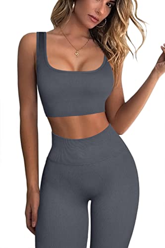 QINSEN Gerippte Workout-Outfits für Damen, 2-teilig, nahtloser Sport-BH, hohe Taille, Yoga-Leggings-Sets, grau dunkel, M von QINSEN