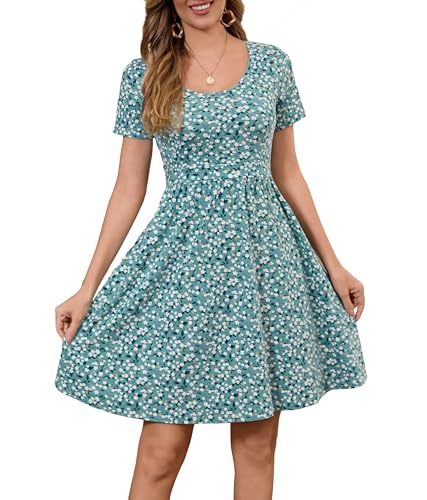QINYI Damen Stillkleider Stillkleid Sommer Bequem Baumwolle Kurzarm Stillkleid mit Taschen, Grünes Blumenmuster, X-Klein von QINYI