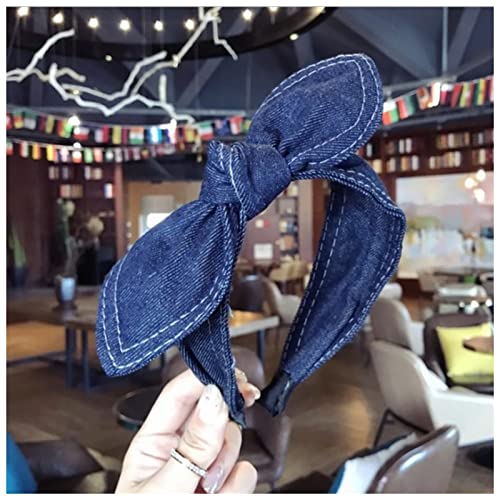 Stirnband Damen Mode Haarschmuck Frauen Denim Bogen Stirnbänder Side Kaninchen Ohren Geknotete Haarband Wildes Mädchen Nette Gesicht Wash Hair Hoop Headwear Stirnband(Dark cowboy) von QINYUML