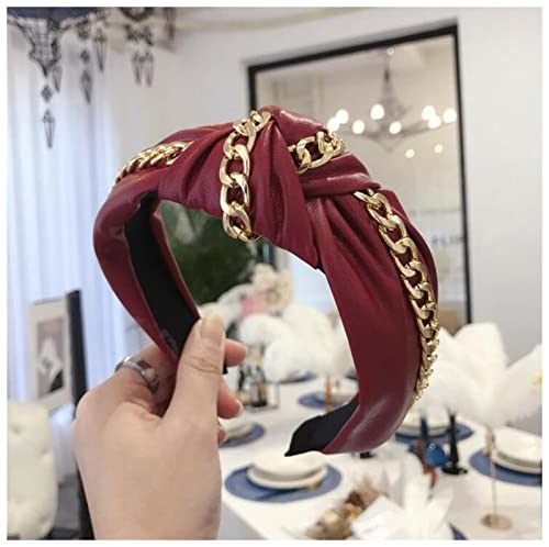 Stirnband Damen Mode Pu. Leder Haarband breiter Seitenstirnband Frauen glänzende Goldkette Headwear Casual Hair Zubehör Stirnband(Red hairband) von QINYUML