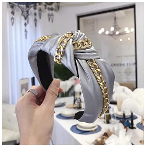 Stirnband Damen Mode Pu. Leder Haarband breiter Seitenstirnband Frauen glänzende Goldkette Headwear Casual Hair Zubehör Stirnband(Sliver hairband) von QINYUML