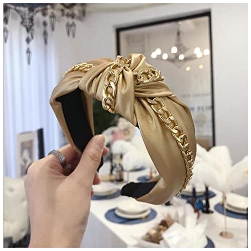 Stirnband Damen Mode Pu. Leder Haarband breiter Seitenstirnband Frauen glänzende Goldkette Headwear Casual Hair Zubehör Stirnband(Yellow hairband) von QINYUML