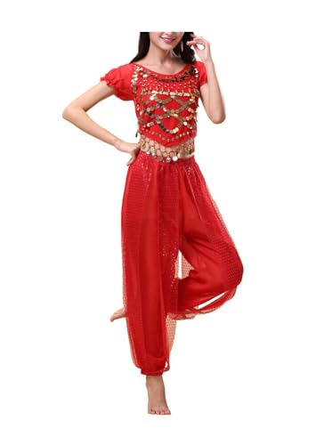 QIRUIRED Bauchtanz Kostüm Damen 2-teilig mit Top und Haremshose Rot Professionelles Tanzkleid für Bühnenperformance Größe M L von QIRUIRED