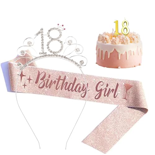 Geburtstag mädchen Deko Schärpe und Tiara Rose Gold 18 Geburtstag Krone für Birthday Girl Party Dekorationen, 18 Jahre alte Kerze von QIRZOPU