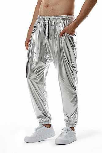 Jogginghose Herren Glänzend Gold Metallisch Casual Hose Hip-Hop-Hose Slim Fit Hose Herren Frühling Herbst Nachtclub Hose Party Disco Abschlussball Streetwear Herren A-Silver M von QISUO