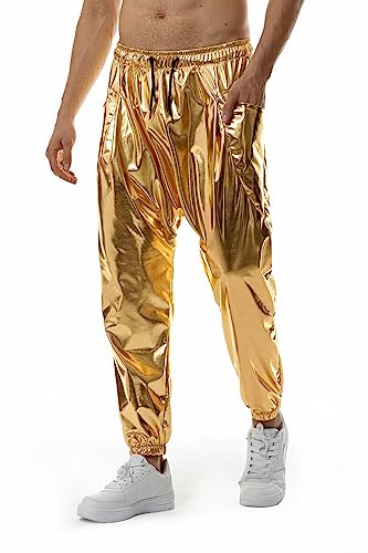 Jogginghose Herren Glänzend Gold Metallisch Casual Hose Hip-Hop-Hose Slim Fit Hose Herren Frühling Herbst Nachtclub Hose Party Disco Abschlussball Streetwear Herren B-Gold 3XL von QISUO