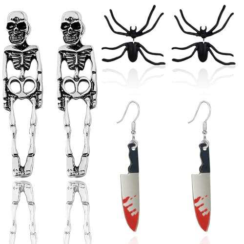 Halloween Ohrringe, 3er Set Gruselige Ohrringe, Perfektes Halloween Kostüm Accessoire, Für Parties Und Geschenkideen, Inklusive Skelett, Spinne Und Messer Design von QITHGYD