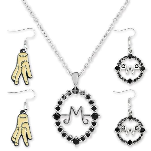 QITHGYD Wednes-day Set mit Fake Hand Ohrring, W Symbol Ohrring und W Halskette - 3-teiliges Set für Cosplay Fans und Unisex Geschenkidee zu Halloween oder täglichem Gebrauch von QITHGYD